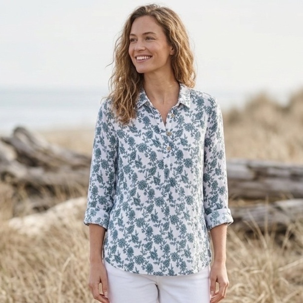 New Cynthia Rowley Linen Tunic Women 1X Teal Floral Roll Tab Sleeve Coastal Boho